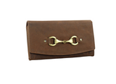 Hunter leather sadie purse with brass snaffle on a white background
